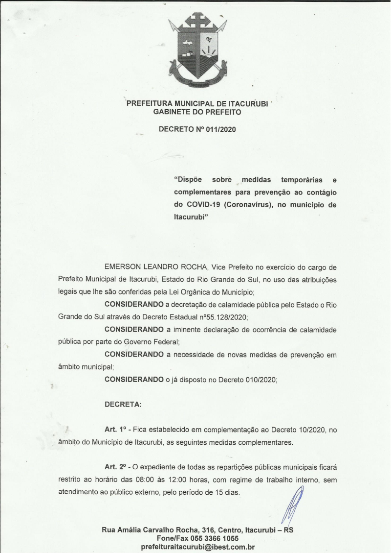 Decreto 011/2020 Prevenção ao contágio do COVID-19 (coronavírus)